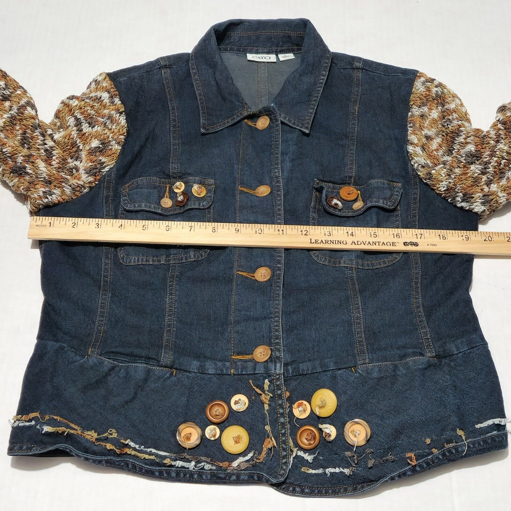 Denim Jacket Knit Long Sleeves Buttons Eclectic Bohemian Retro Thick Stitch L - Picture 7 of 12